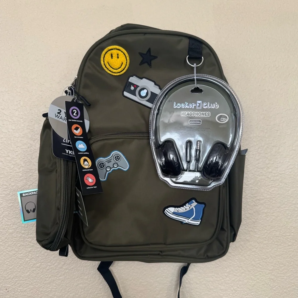NWT Locker Club Backpack 3pc Set Olive Green Pencil Pouch & Headphones